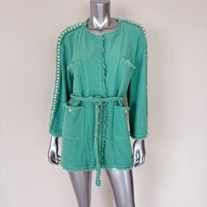 CHANEL women tweed light green jacket with pearls size 40 FR Authentic 5800$